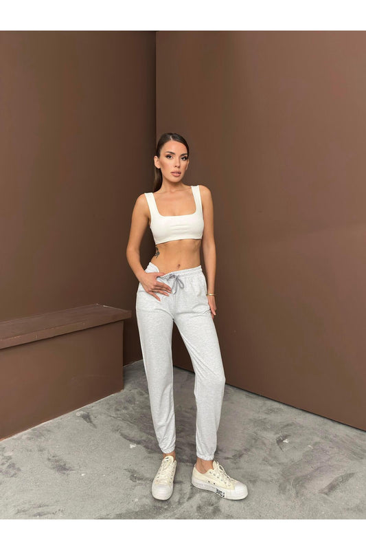 Açık Gri Lastikli Paçalı Dört Mevsim Jogger Eşofman Altı Şardonsuz İki İplik Penye