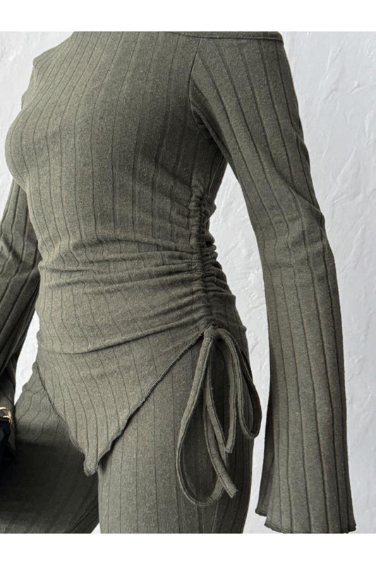 Asimetrik Yaka Ayarlanabilir Büzgü Detaylı Fitilli Takım