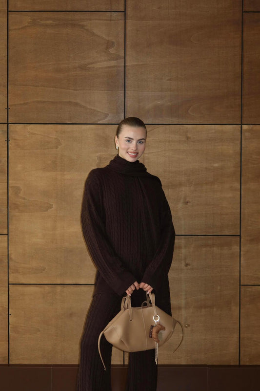 Atkılı Kablo Desenli Oversize Triko Takım