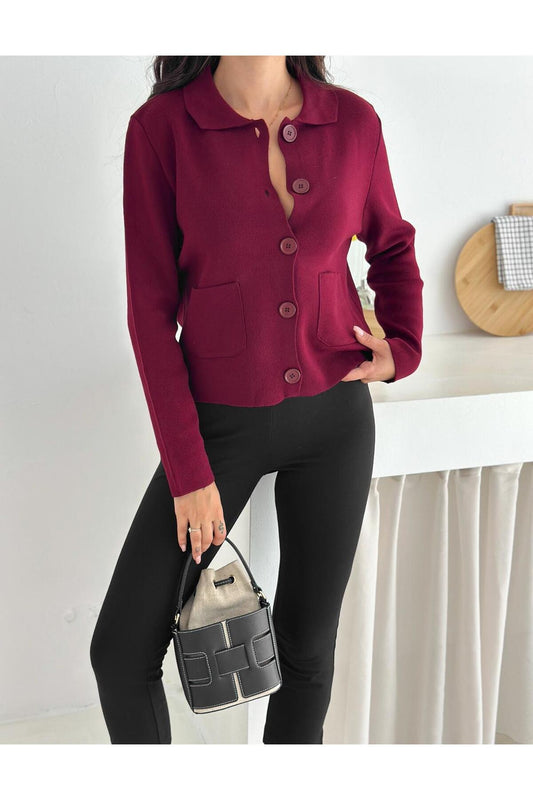 Bebek Yakalı Cepli Düğmeli Kısa Triko Hırka