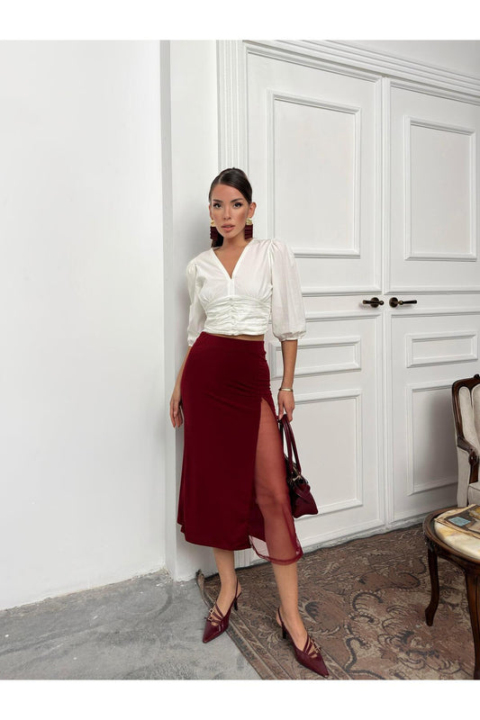 Bordo File Detaylı Yırtmaçlı Yüksek Bel Midi Etek