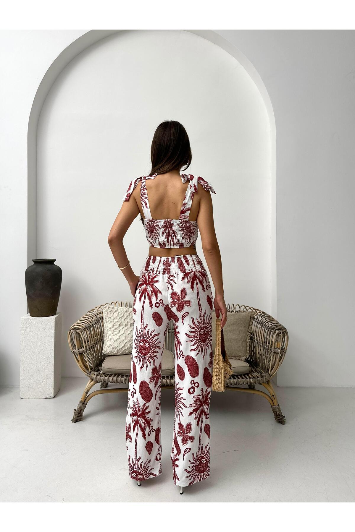 Bordo Tropikal Desenli Bağlamalı Askılı İkili Yazlık Takım