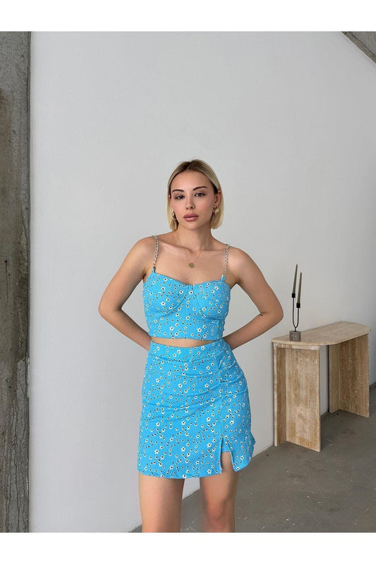 Çiçek Desenli Crop-etek Takım Şort Etek