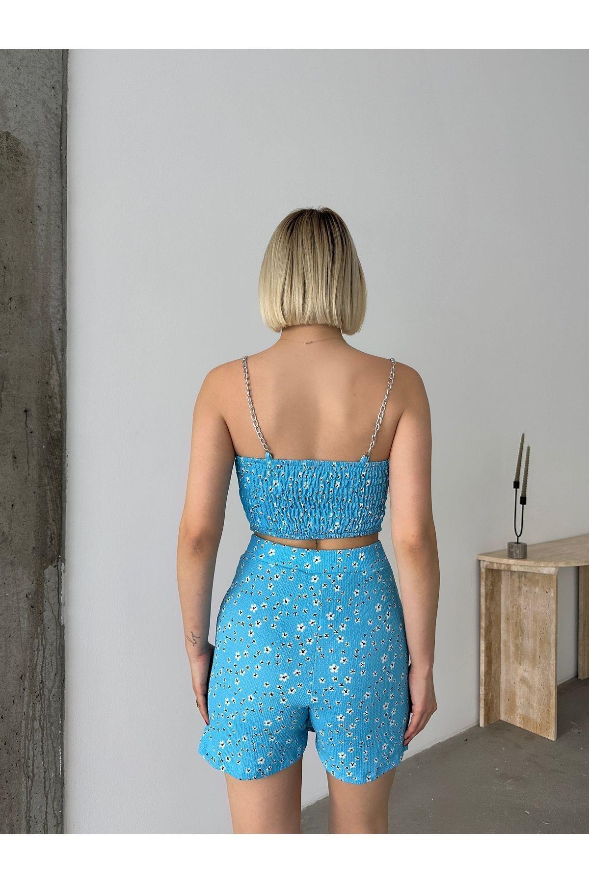 Çiçek Desenli Crop-etek Takım Şort Etek