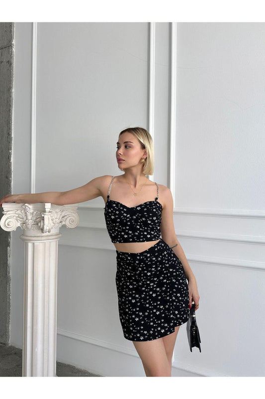 Çiçek Desenli Crop-etek Takım Şort Etek