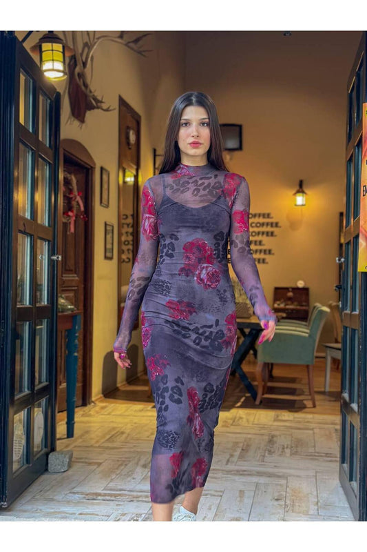 Çiçek Desenli Midi Boy İkili Tül Elbise