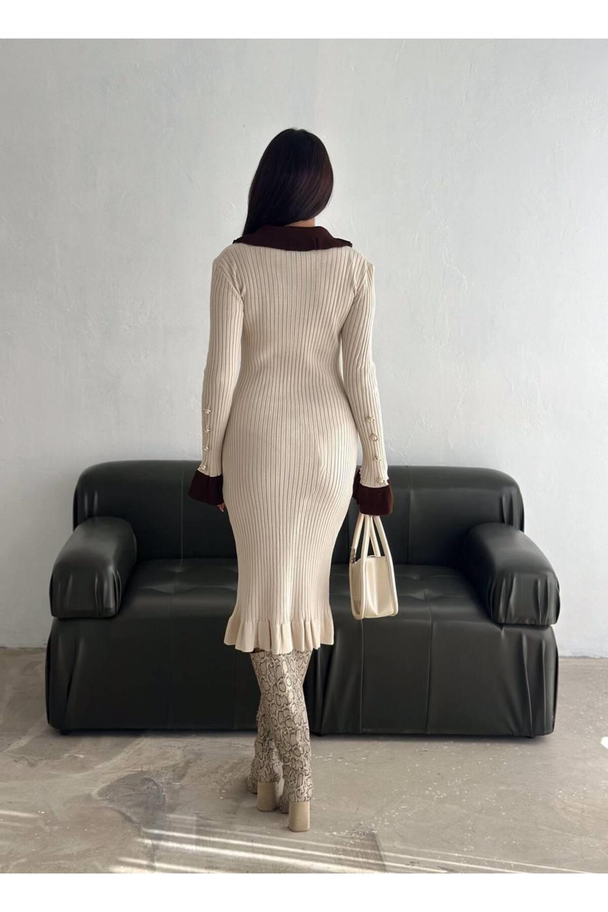 Fırfır Yaka İnci Düğmeli Uzun Kollu Triko Elbise