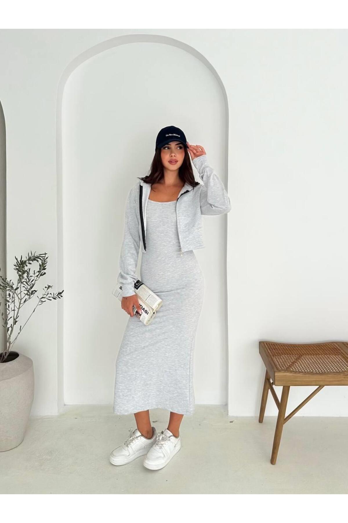 İki İplik Crop Sweat ve Uzun Elbise Takım