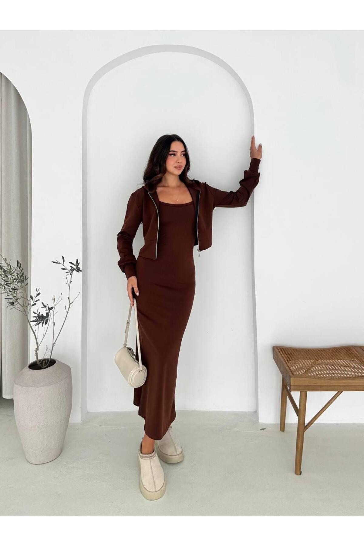 İki İplik Crop Sweat ve Uzun Elbise Takım