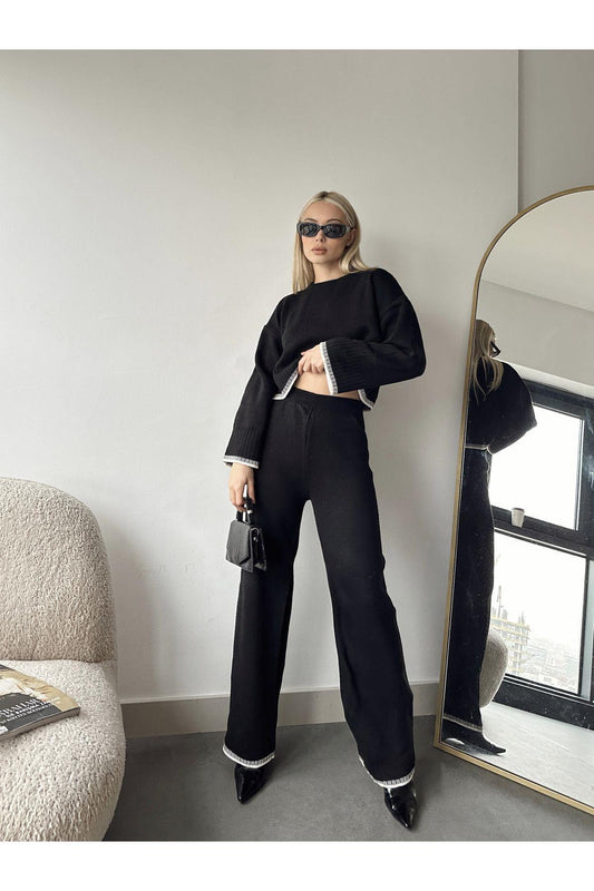 İspanyol Paça Çoban Dikişli Çizgili Triko Alt-Üst Takım