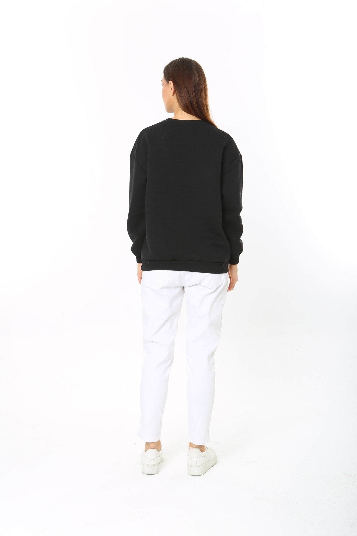 Kadın Siyah Basic Bisiklet Yaka Baskısız Düz Oversize Salaş Bol Kesim Polar