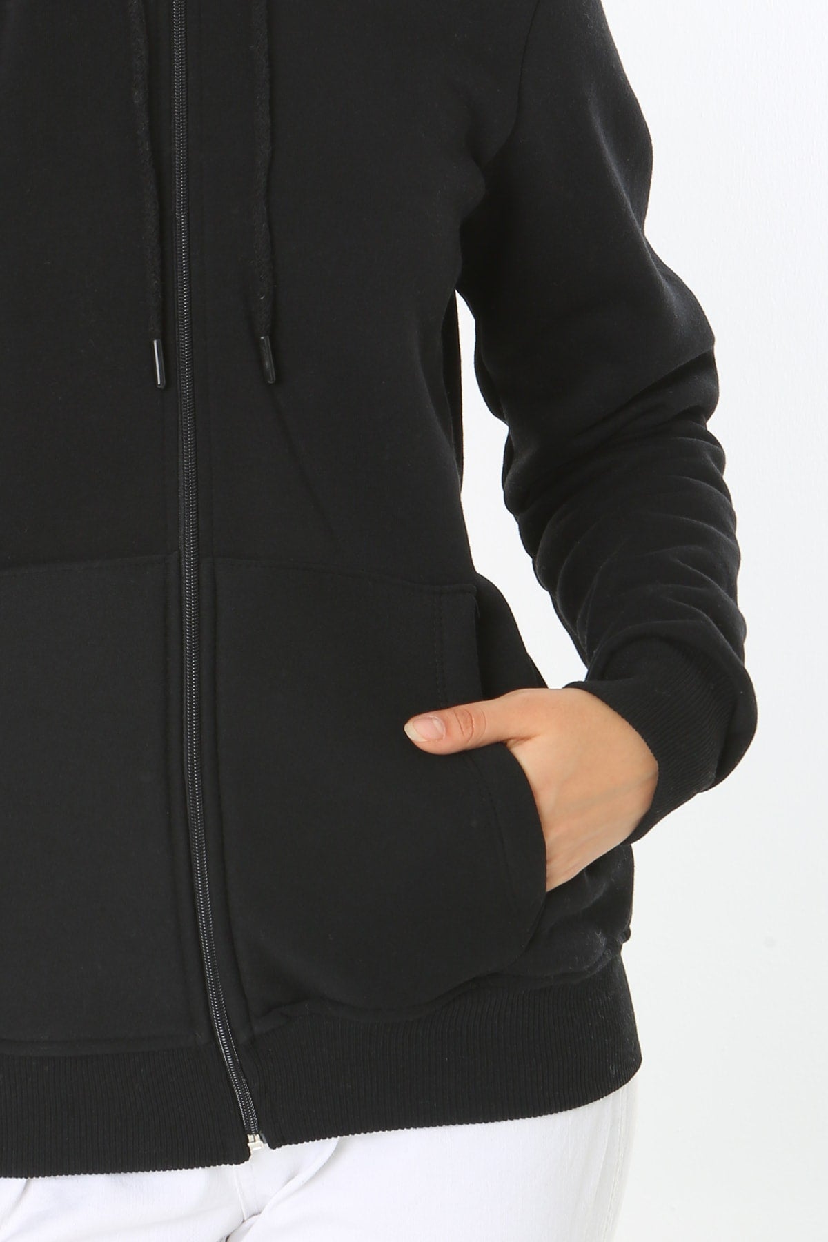 Kadin Siyah Kapüşonlu Fermuarlı 3 Üç Iplik Polar Sweatshirt