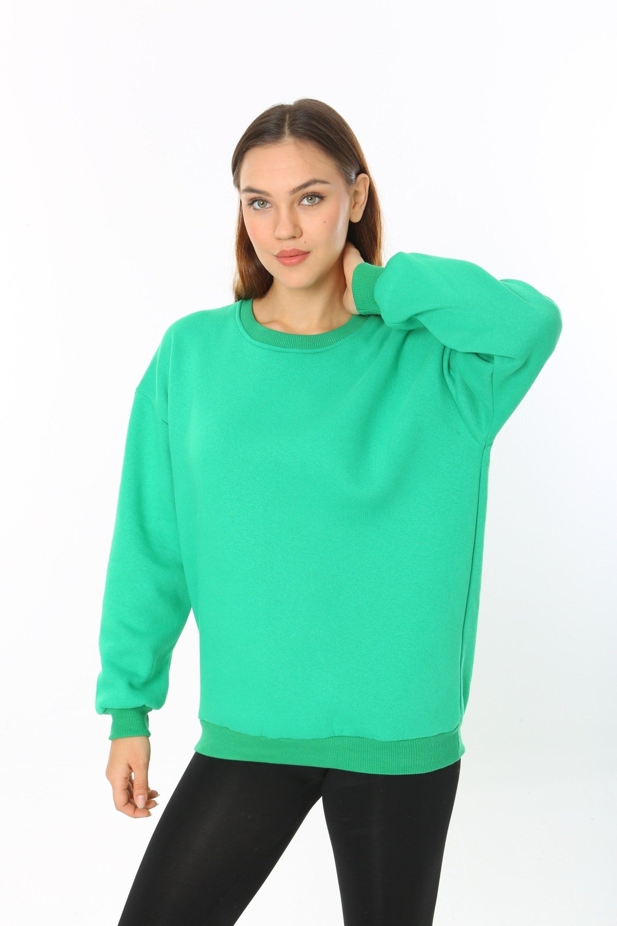 Kadın Yeşil Basic Bisiklet Yaka Baskısız Düz Oversize Salaş Bol Kesim Polar