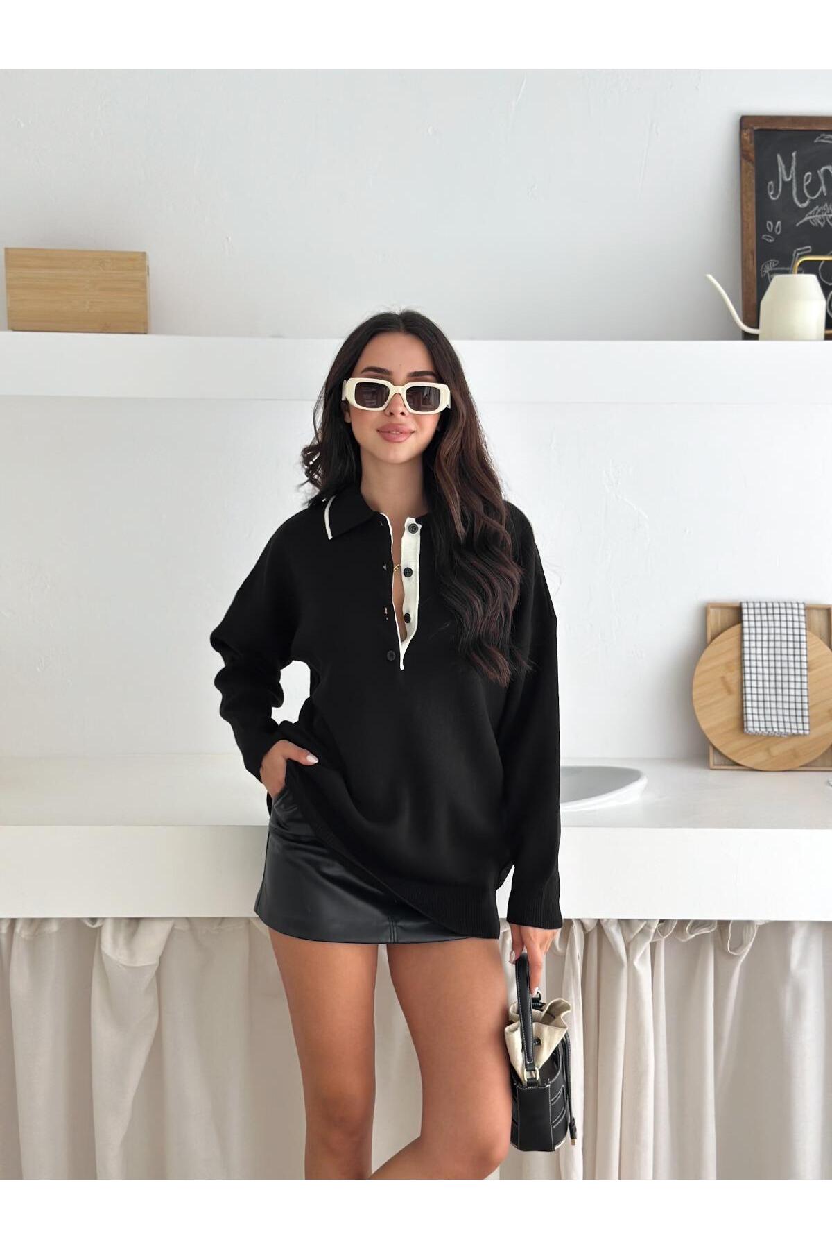 Kontrast Detaylı Polo Yaka Oversize Triko Kazak