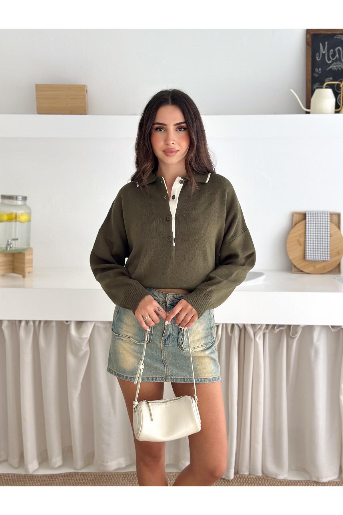 Kontrast Detaylı Polo Yaka Oversize Triko Kazak