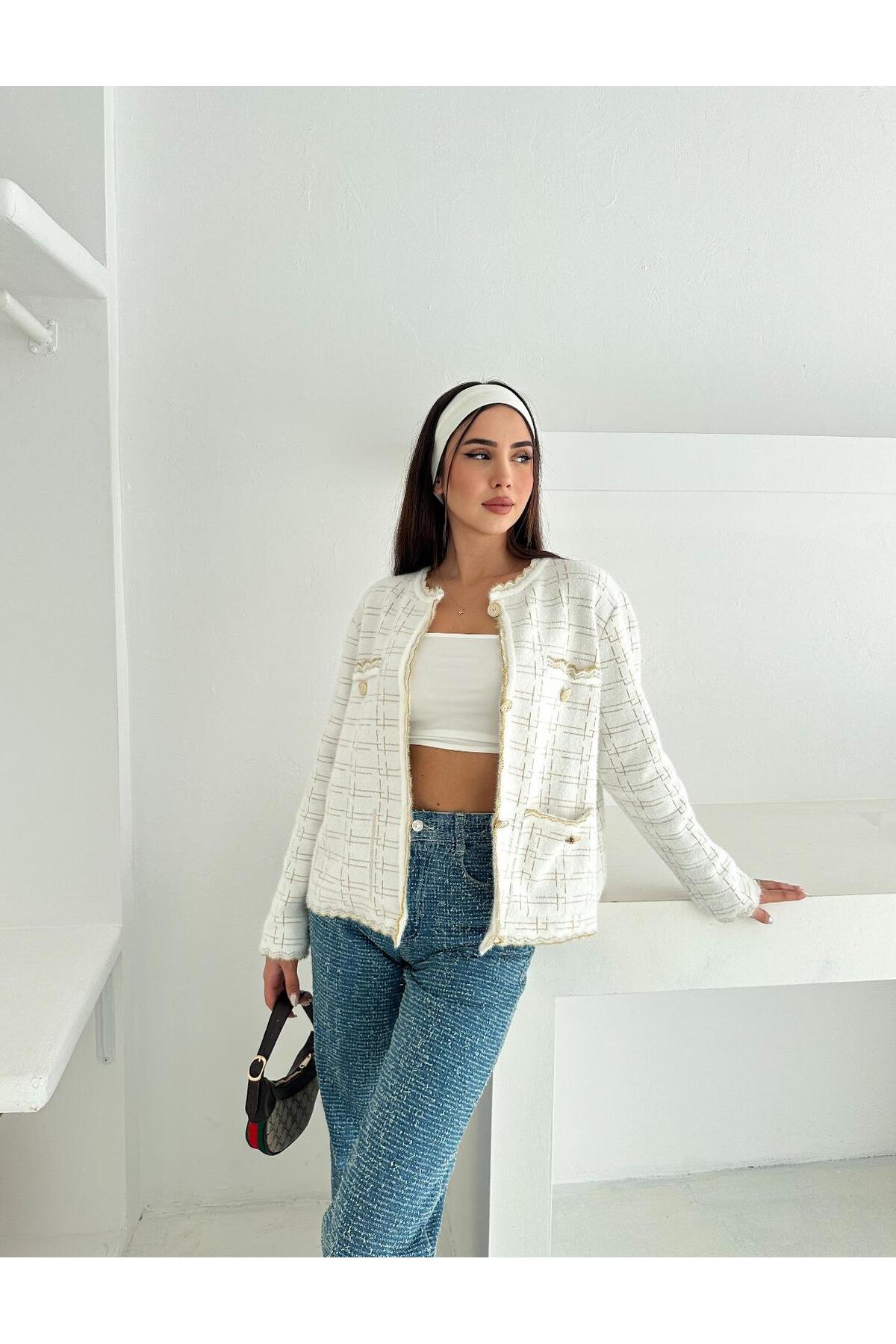 Kontrast Dikişli Tweed Dokulu Düğmeli Triko Hırka