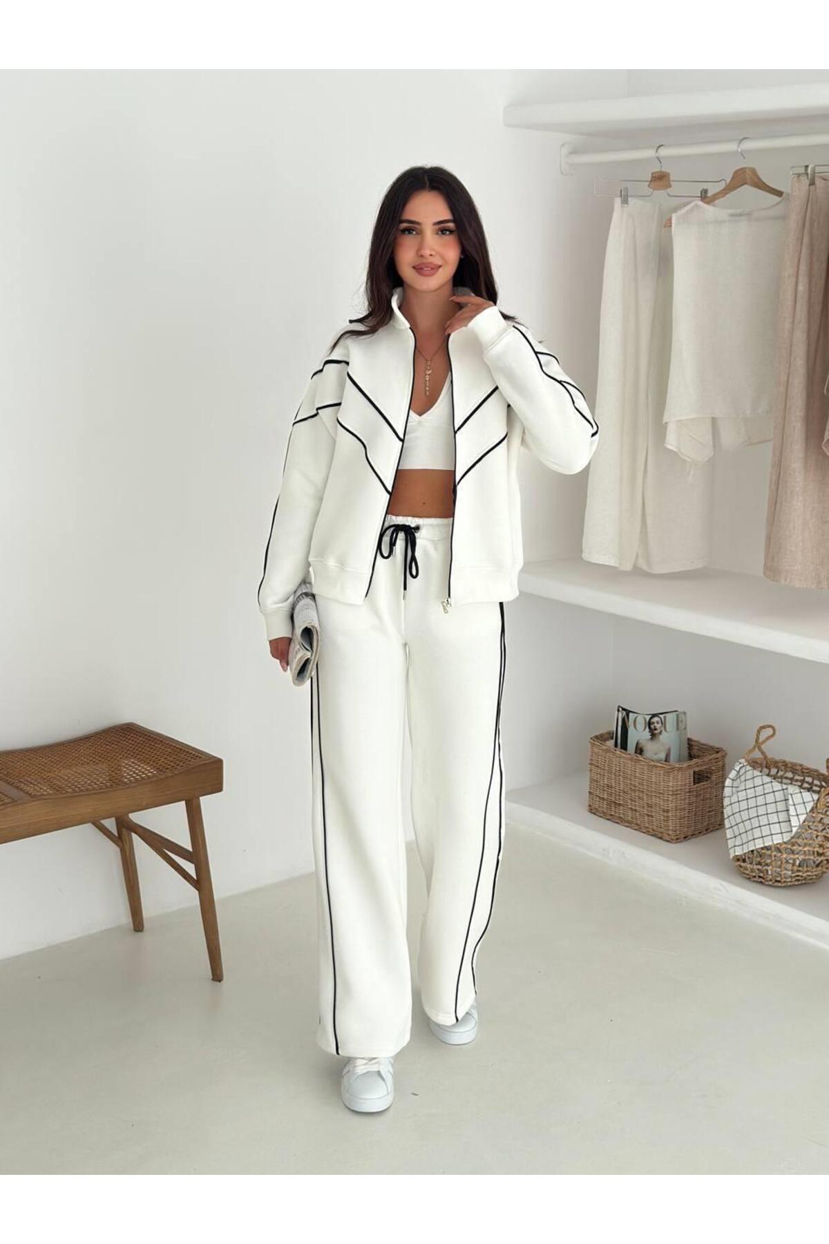 Kontrast Şeritli Fermuarlı Dik Yaka 3 İplik Eşofman Takımı