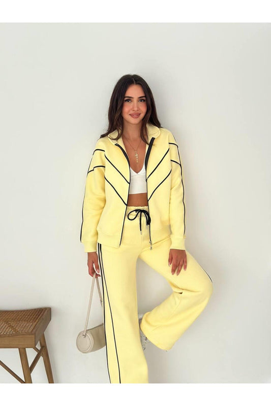 Kontrast Şeritli Fermuarlı Dik Yaka 3 İplik Eşofman Takımı