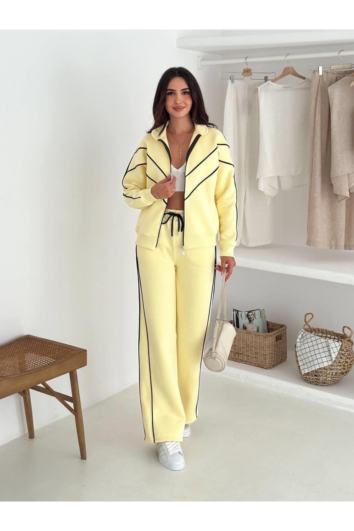 Kontrast Şeritli Fermuarlı Dik Yaka 3 İplik Eşofman Takımı