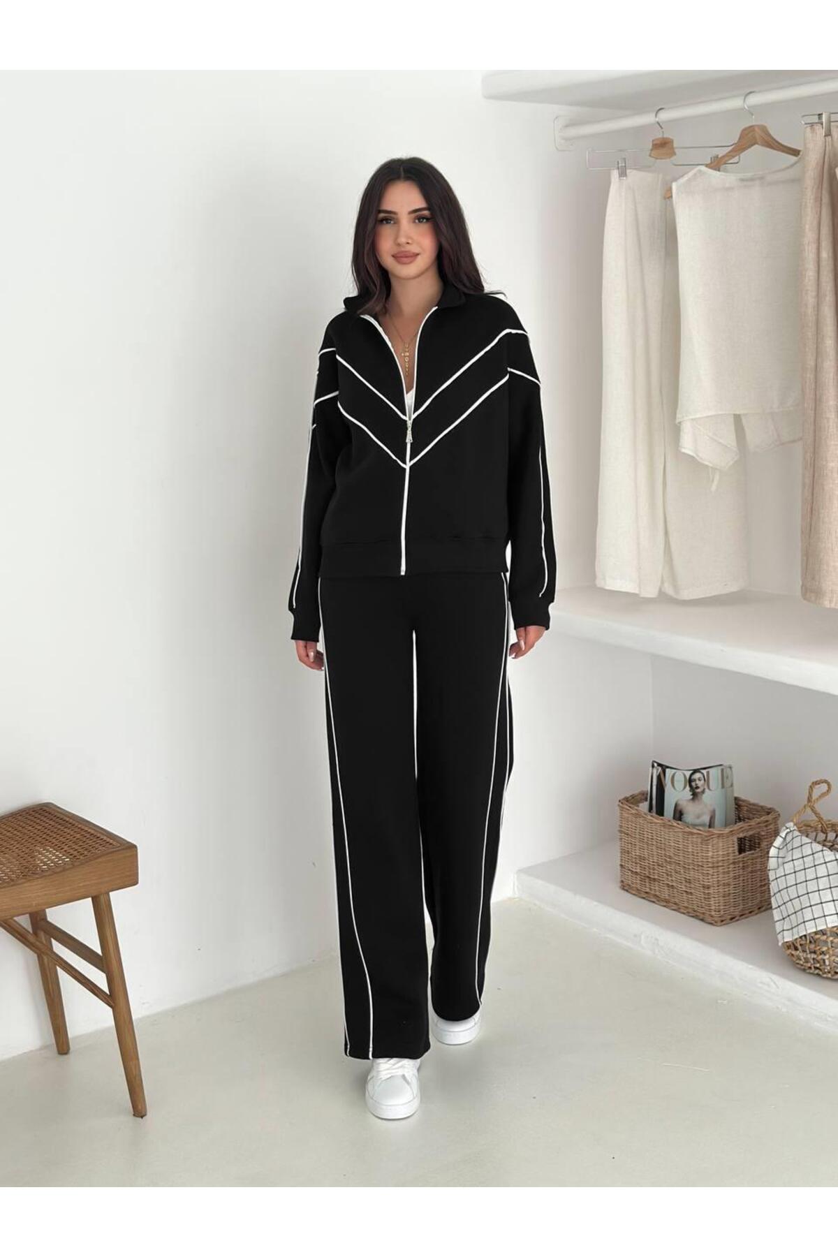 Kontrast Şeritli Fermuarlı Dik Yaka 3 İplik Eşofman Takımı