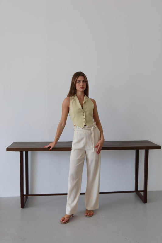 Krem Krinkıl Kumaş Bağcıklı Yazlık Pantolon