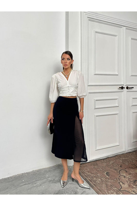 Lacivert File Detaylı Yırtmaçlı Yüksek Bel Midi Etek