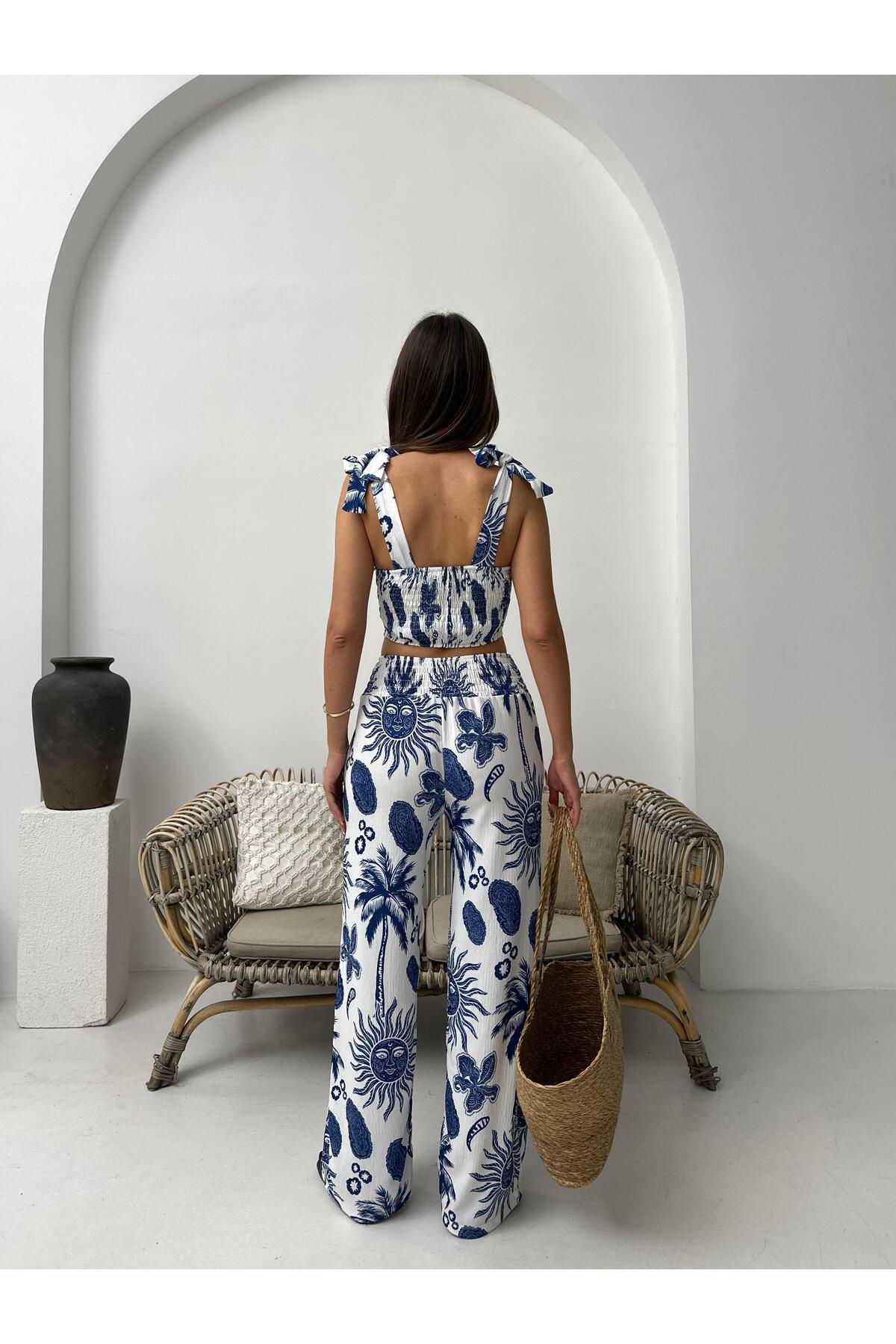 Lacivert Tropikal Desenli Bağlamalı Askılı İkili Yazlık Takım