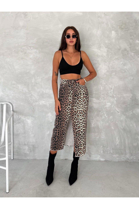 Leopar Desen Uzun Yırtmaçlı Midi Etek