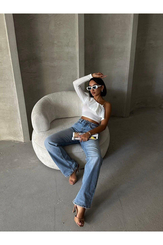 Önü Gipeli Tek Omuz Zincir Detaylı Uzun Kol Bürümcük Bluz