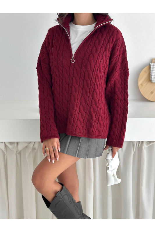 Saç Örgü Desenli Yarım Fermuarlı Dik Yaka Triko Kazak