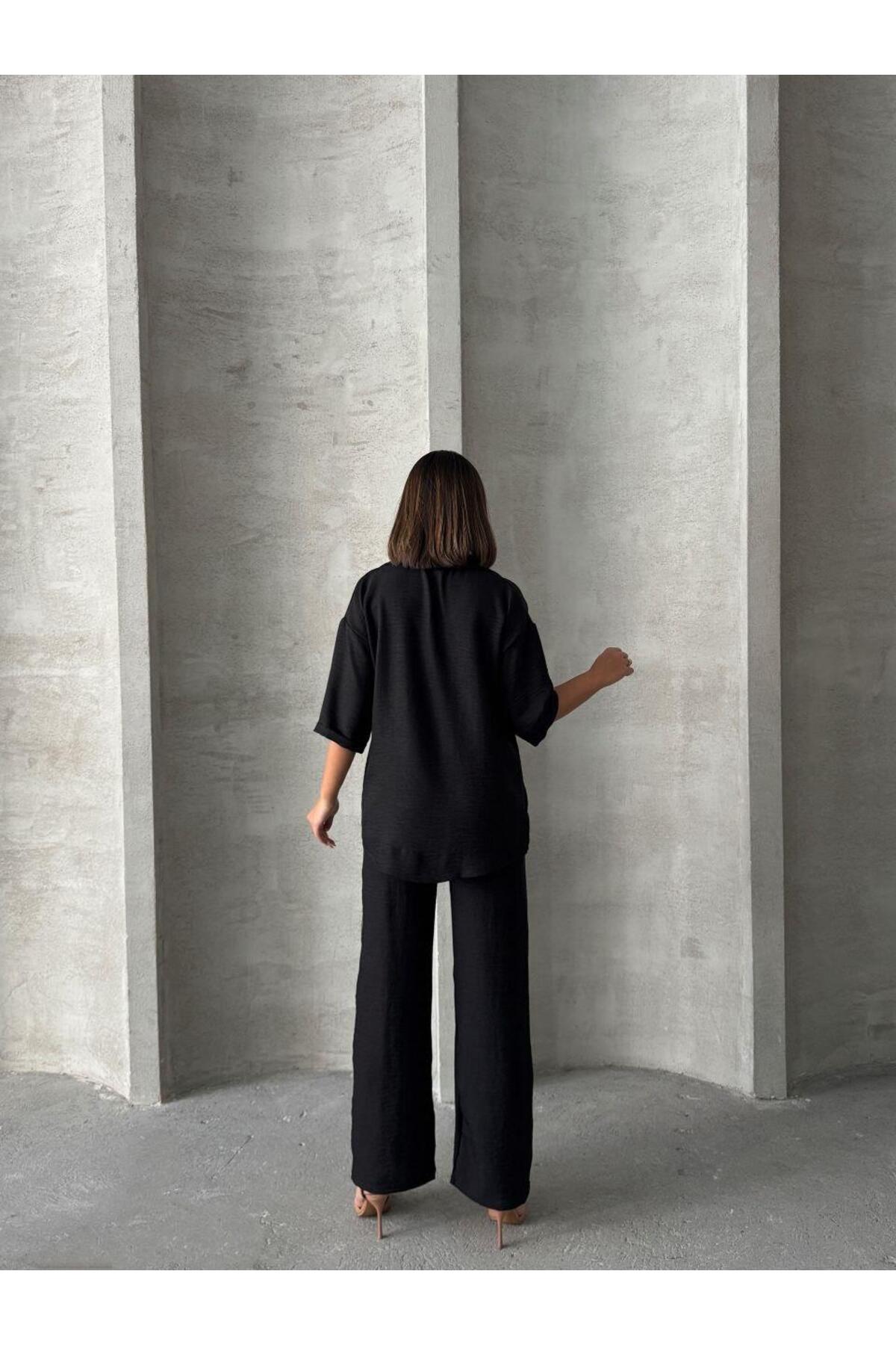 Siyah Keten Dokulu Oversize Gömlek ve Palazzo Pantolon Takım