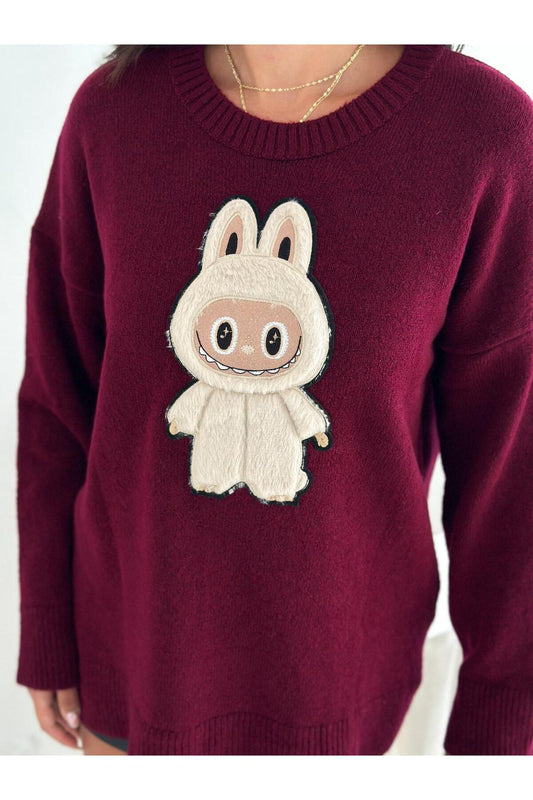 Tavşan Figürlü Oversize Bisiklet Yaka Triko Kazak