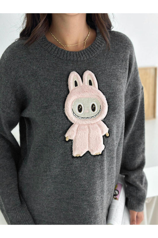 Tavşan Figürlü Oversize Bisiklet Yaka Triko Kazak