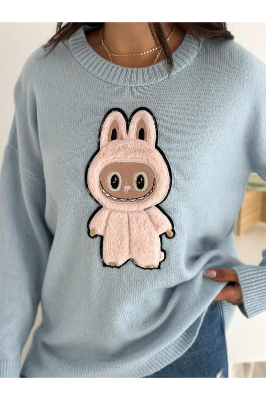 Tavşan Figürlü Oversize Bisiklet Yaka Triko Kazak