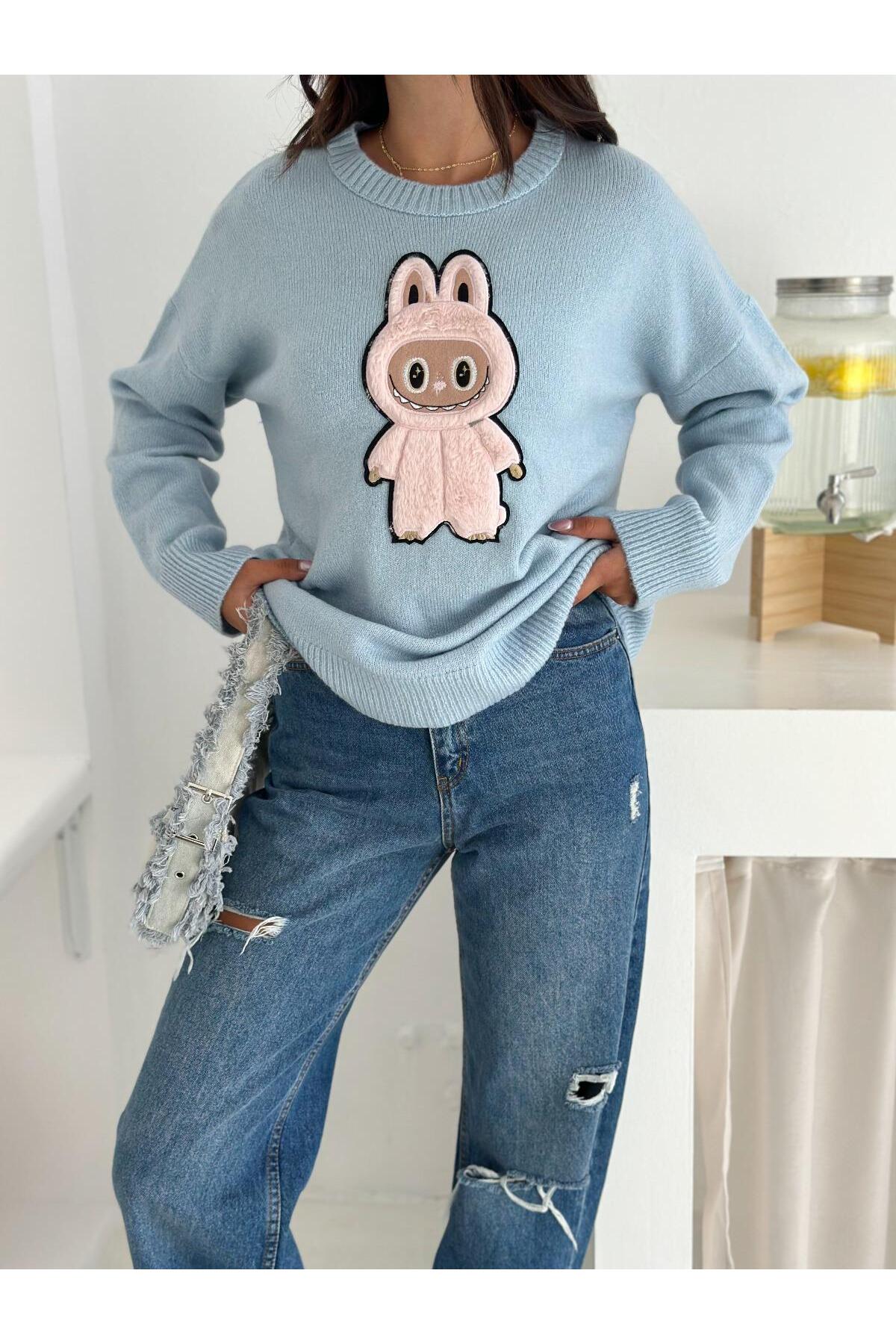 Tavşan Figürlü Oversize Bisiklet Yaka Triko Kazak