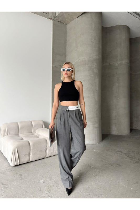 Yarım Ters Kemer Bol Paça Poliviskon Pantolon