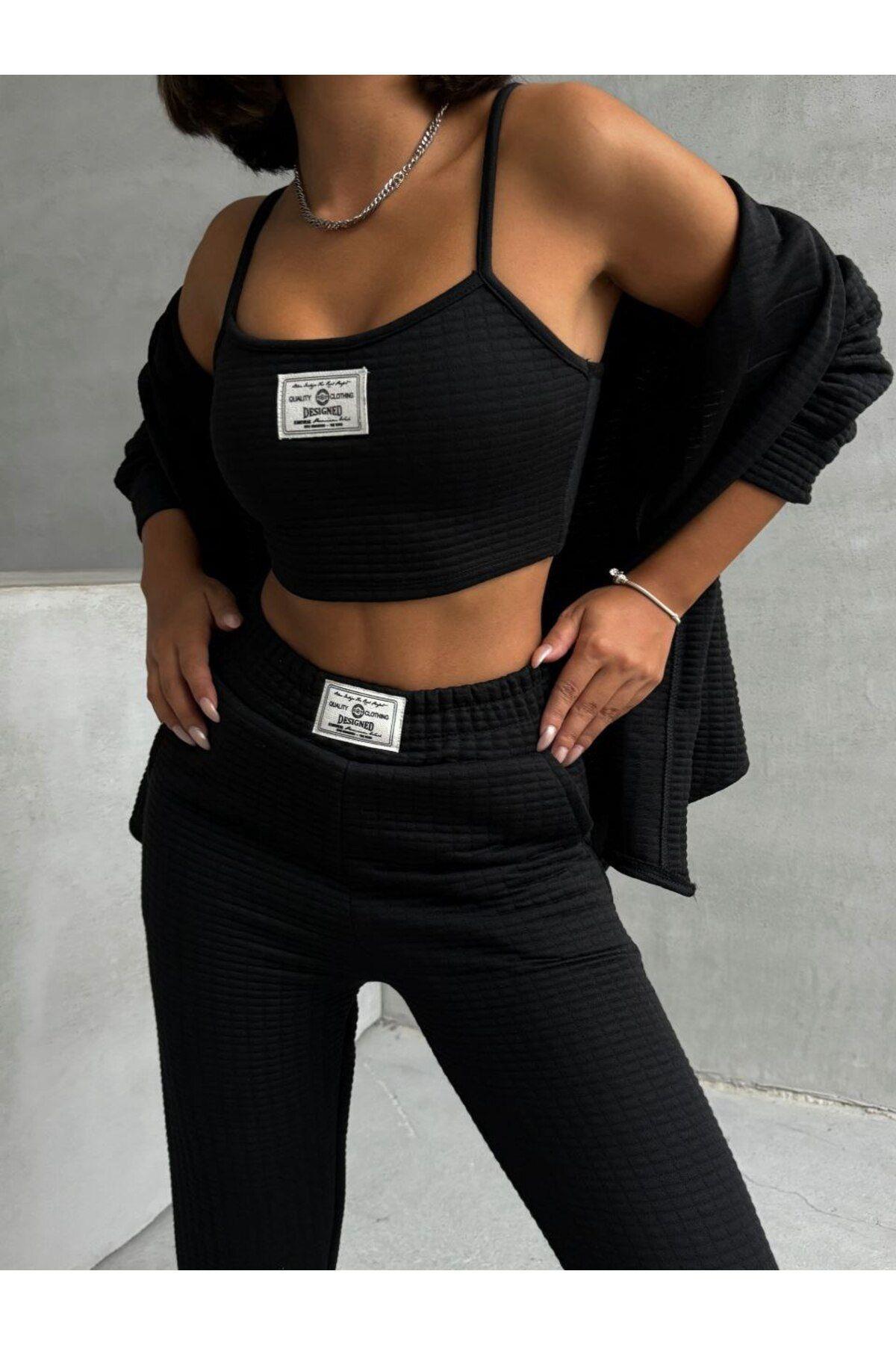 3'lü Kapitone Hırka Crop Eşofman Takım