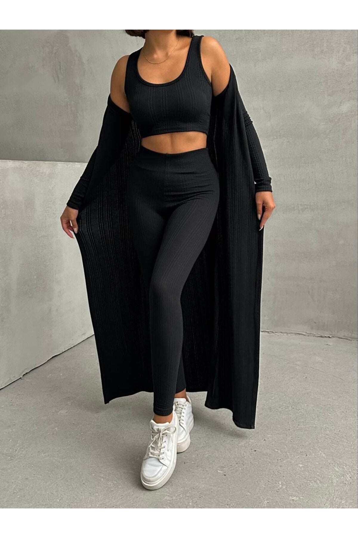 3'lü Triko Hırka Crop Tayt Takım