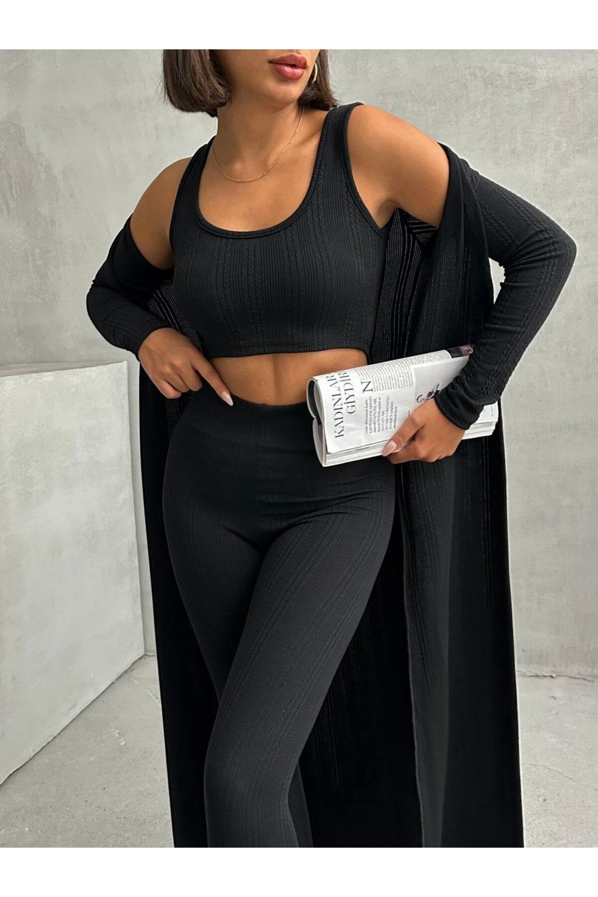 3'lü Triko Hırka Crop Tayt Takım
