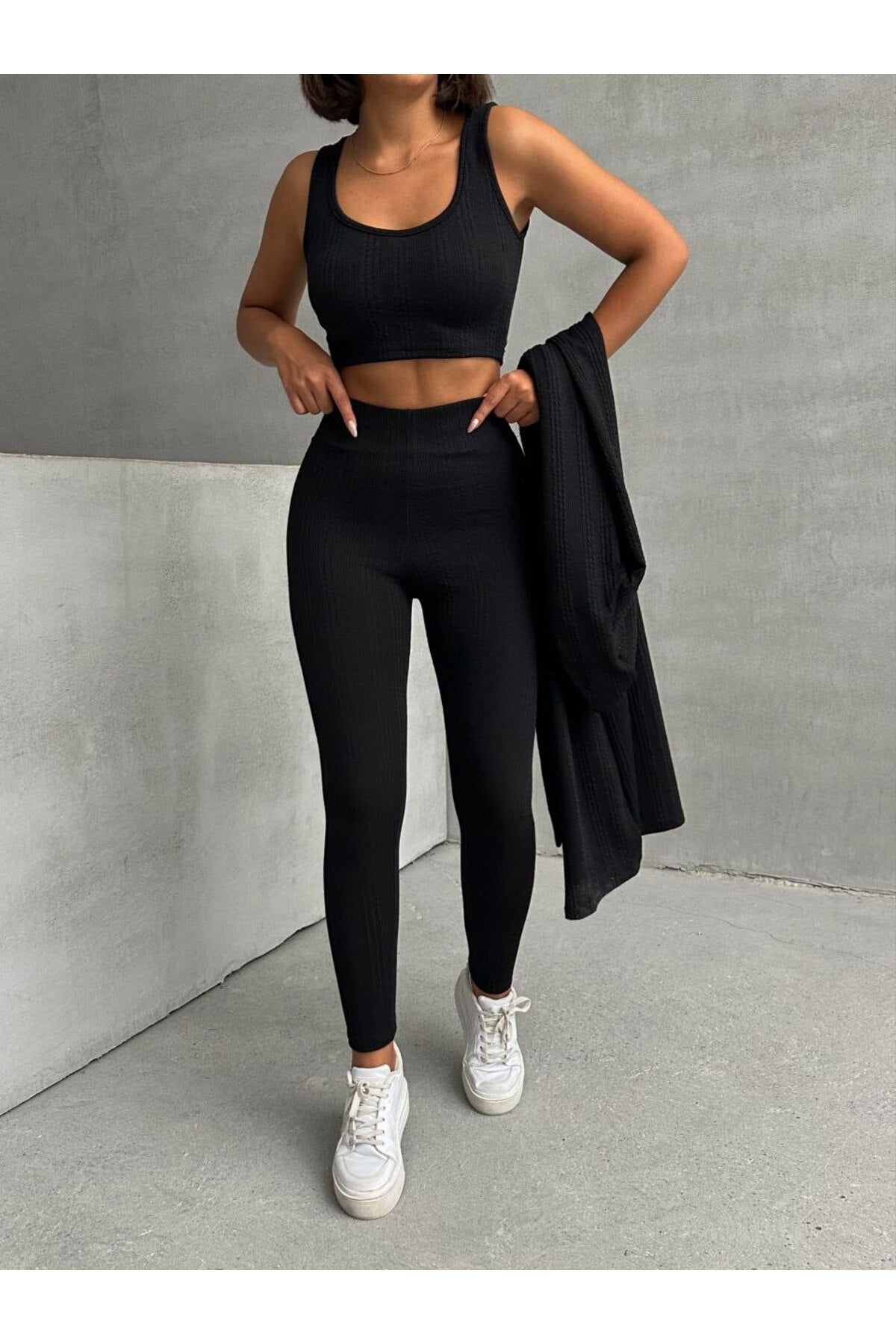 3'lü Triko Hırka Crop Tayt Takım