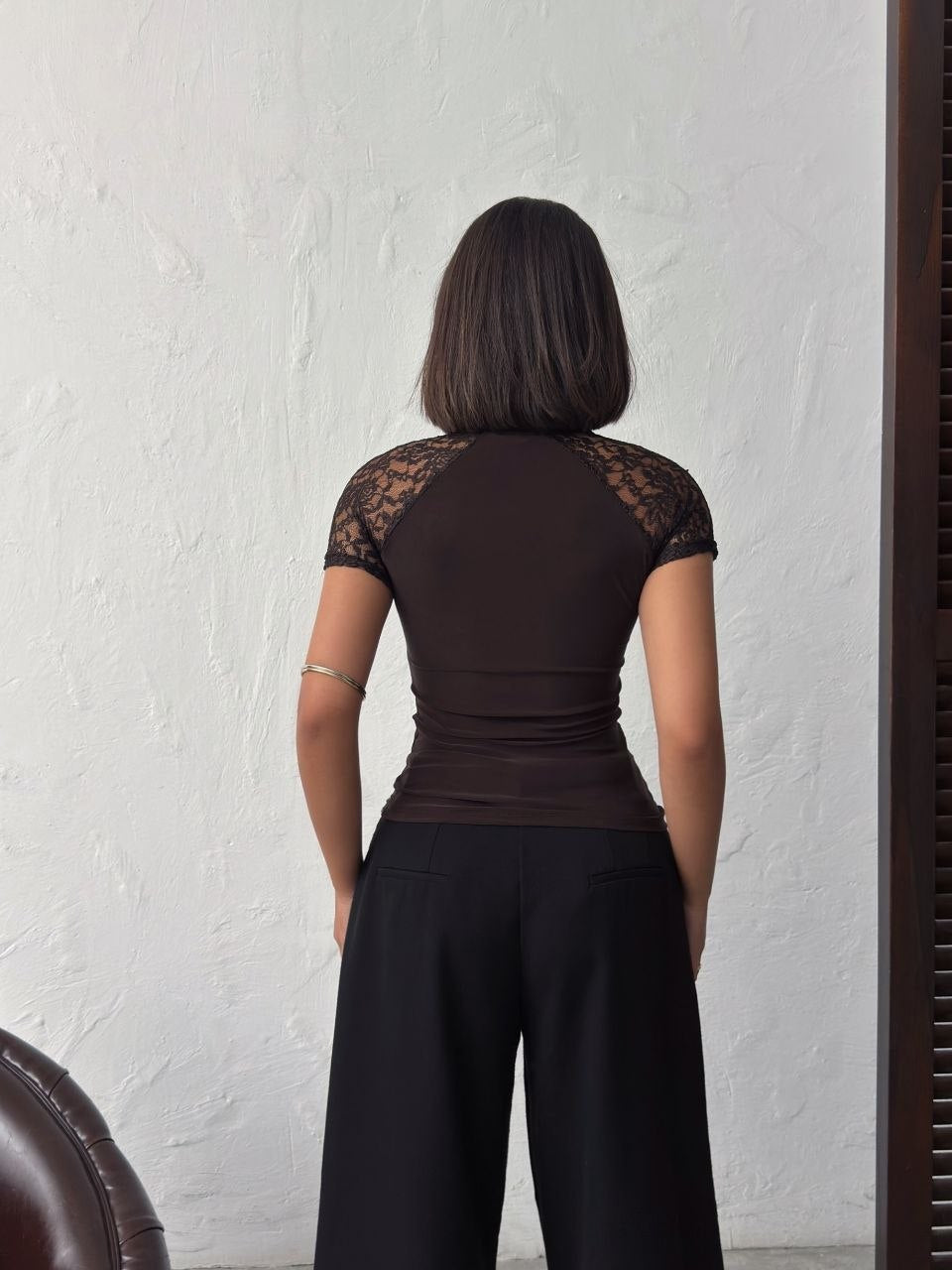Kadın Kahve Dantel Kol Detaylı Bisiklet Yaka Bluz
