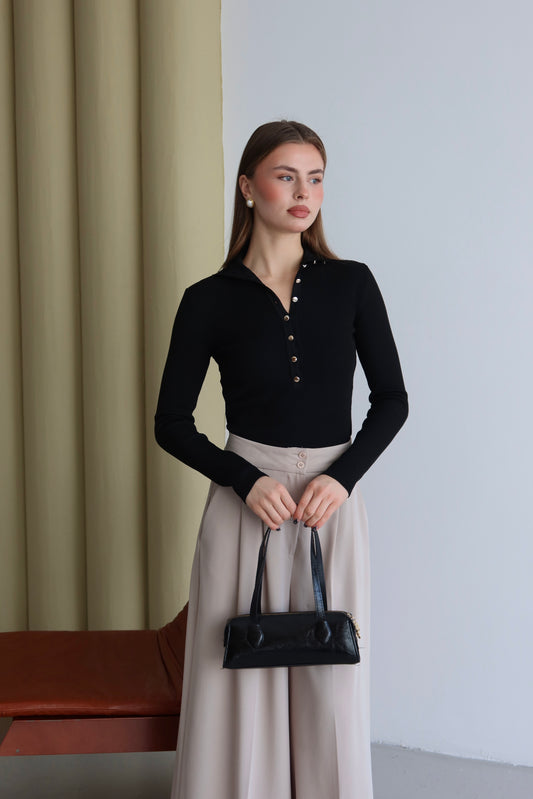 Metal Düğmeli Hakim Yaka (Yarım Balıkçı) Fitilli Triko Kazak