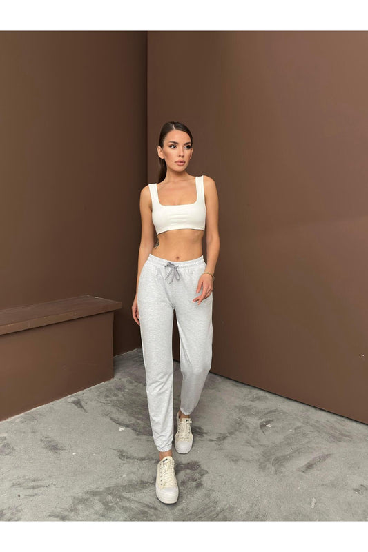 Açık Gri Lastikli Paçalı Dört Mevsim Jogger Eşofman Altı Şardonsuz İki İplik Penye