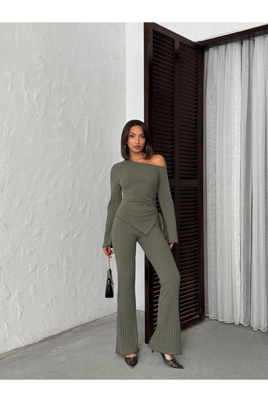 Asimetrik Yaka Ayarlanabilir Büzgü Detaylı Fitilli Takım