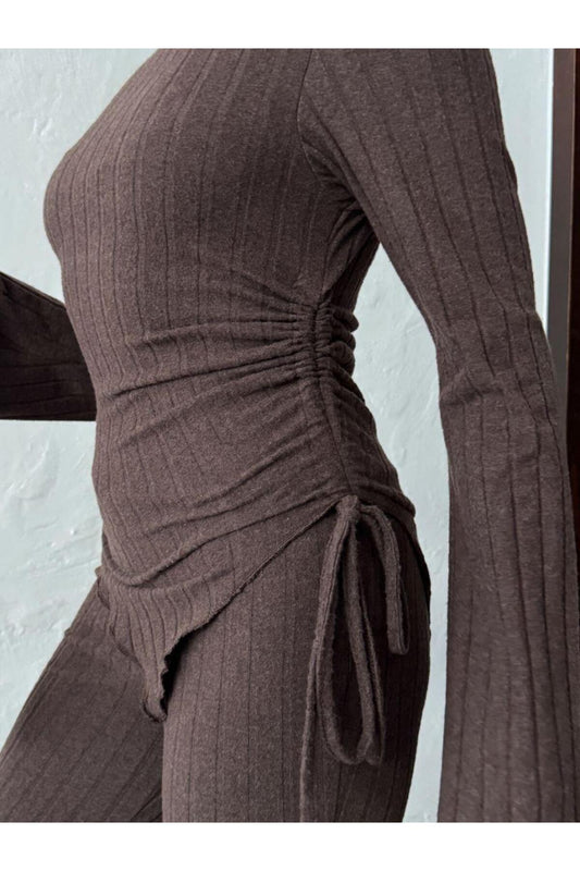 Asimetrik Yaka Ayarlanabilir Büzgü Detaylı Fitilli Takım