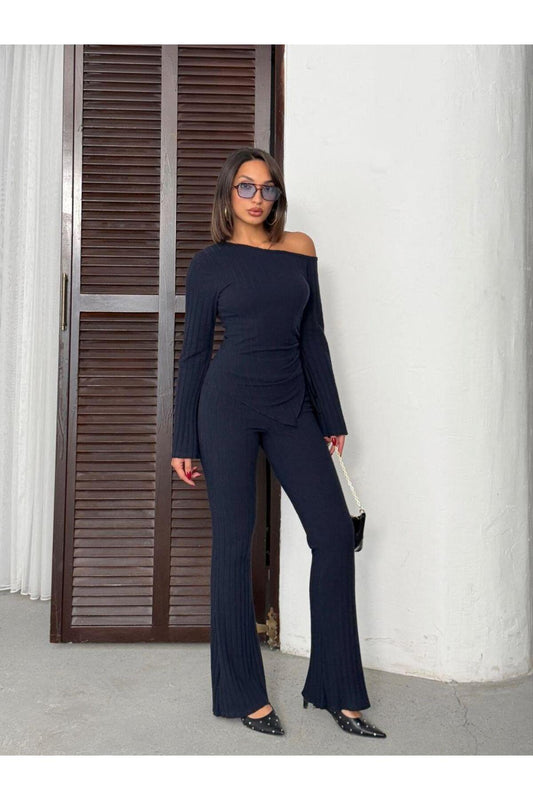 Asimetrik Yaka Ayarlanabilir Büzgü Detaylı Fitilli Takım