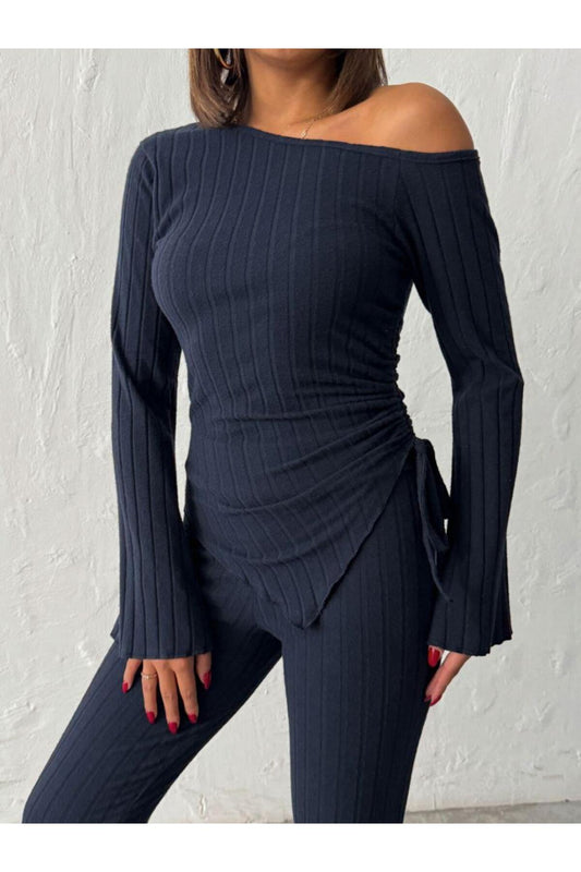 Asimetrik Yaka Ayarlanabilir Büzgü Detaylı Fitilli Takım