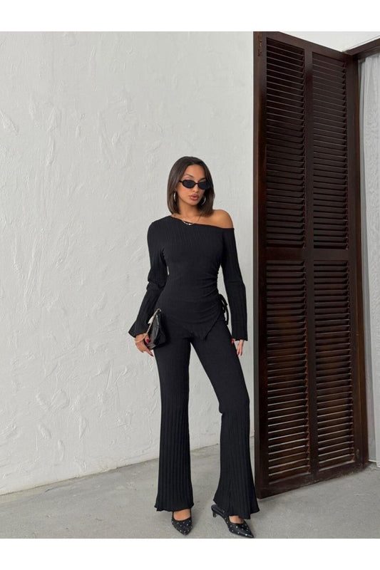 Asimetrik Yaka Ayarlanabilir Büzgü Detaylı Fitilli Takım