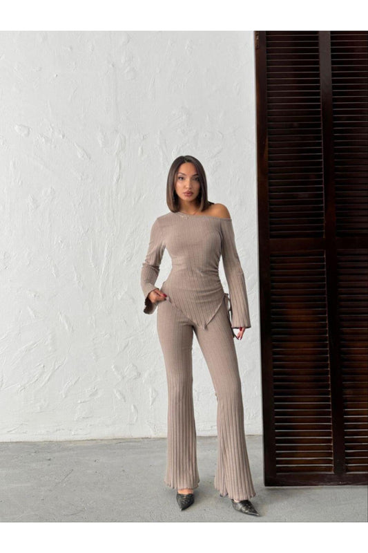 Asimetrik Yaka Ayarlanabilir Büzgü Detaylı Fitilli Takım