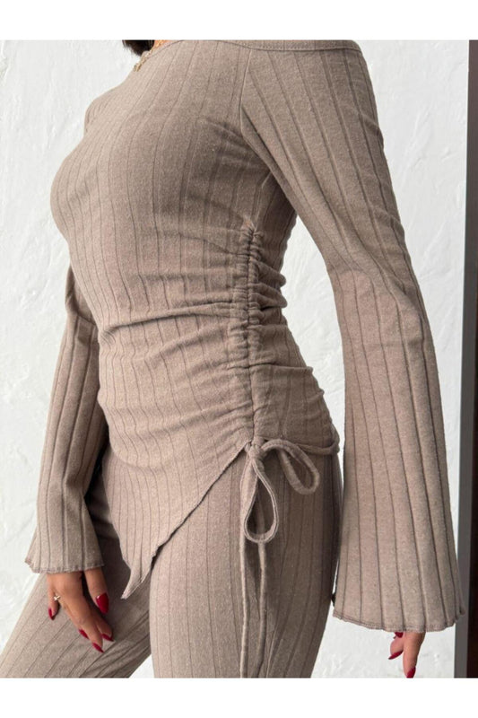 Asimetrik Yaka Ayarlanabilir Büzgü Detaylı Fitilli Takım
